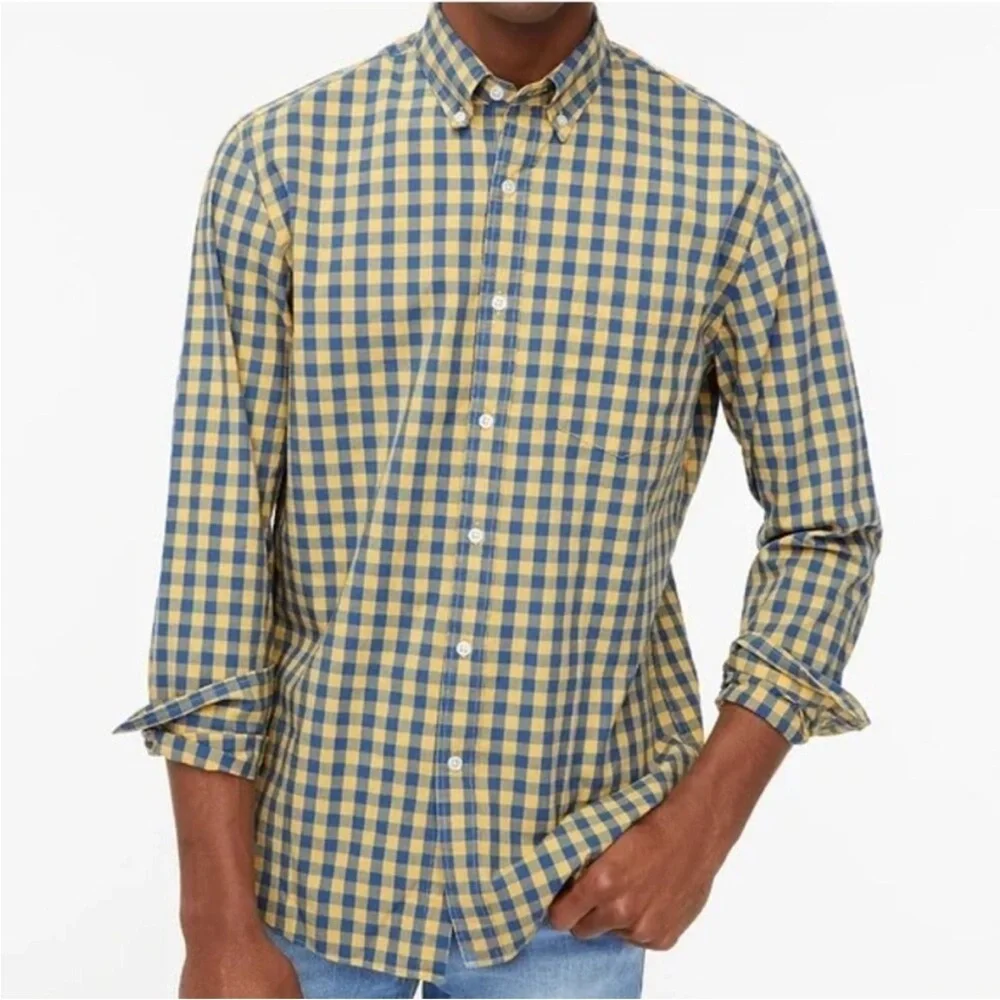 J CREW Men's Slim Fit Button Front  Yellow / Blue Plaid Check Shirt Size Large